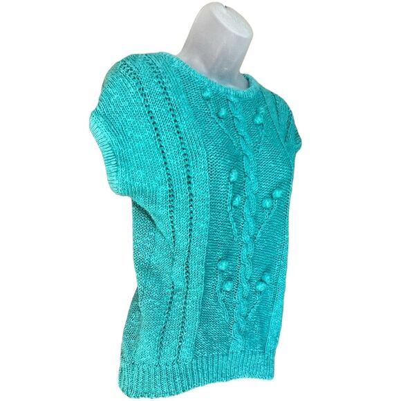 Vtg 80s KORET Turquoise Short Sleeve Pom Pom Cableknit Sweater Sz M Preppy Mom - Picture 5 of 15